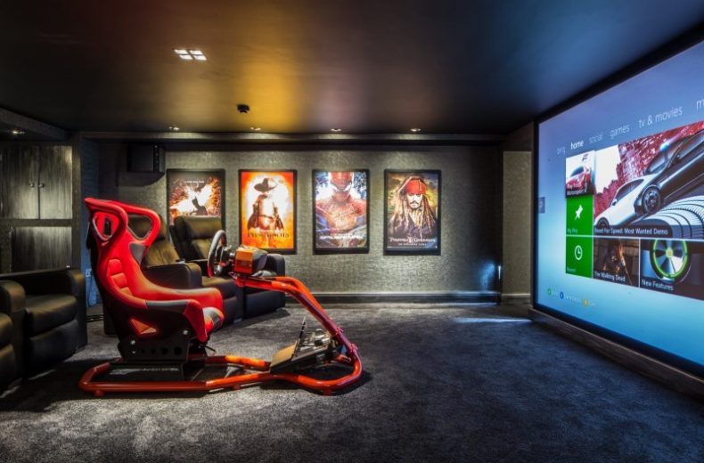 Cinema Gaming Basement with Racing Game Chair